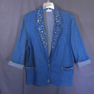Vintage 80s IDEAS Denim Rhinestone Blazer Size‎ XL Western Glam Oversized